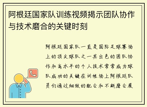 阿根廷国家队训练视频揭示团队协作与技术磨合的关键时刻