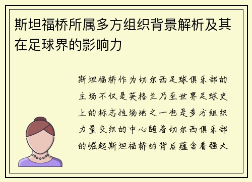 斯坦福桥所属多方组织背景解析及其在足球界的影响力